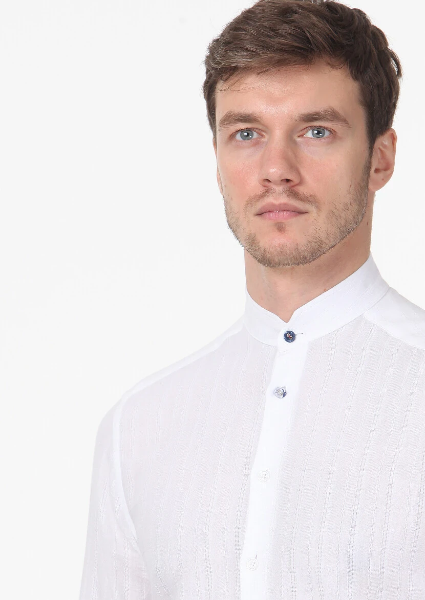 Beyaz Çizgili Slim Fit Dokuma Casual %100 Pamuk Gömlek - 2