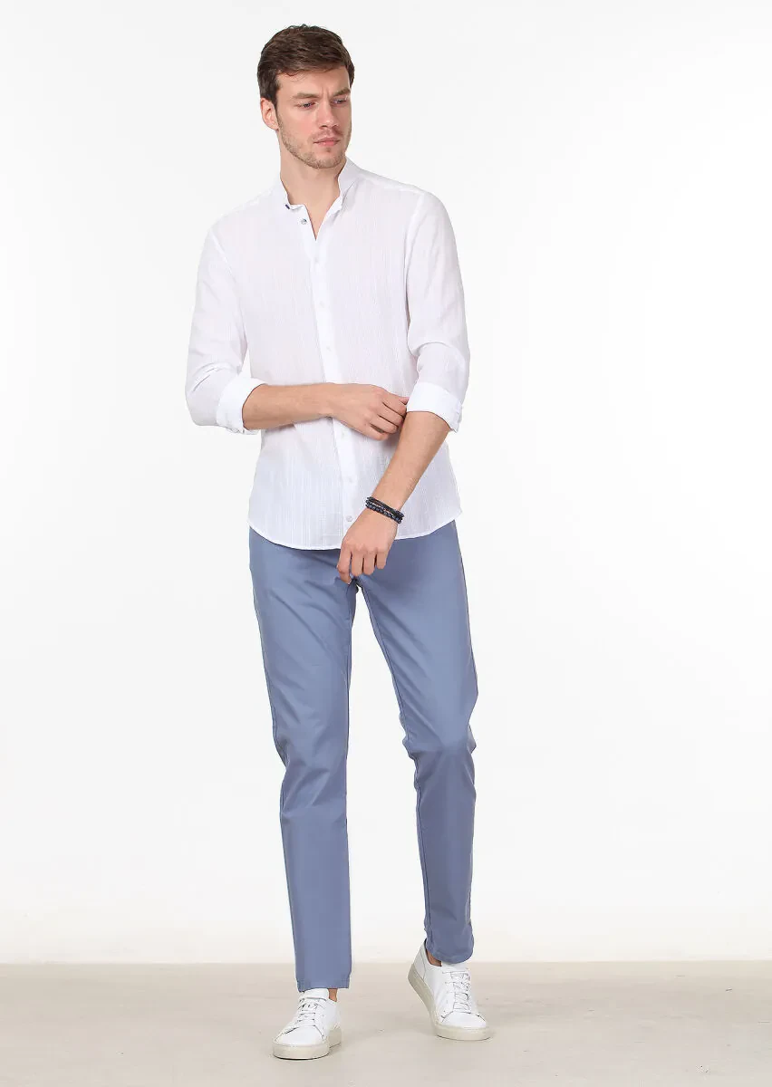 Beyaz Çizgili Slim Fit Dokuma Casual %100 Pamuk Gömlek - 3