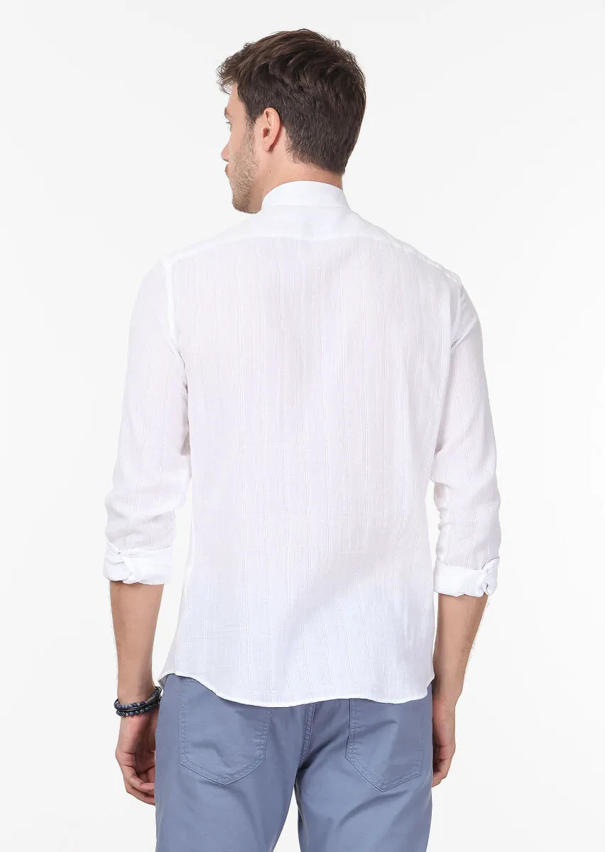 Beyaz Çizgili Slim Fit Dokuma Casual %100 Pamuk Gömlek - 4