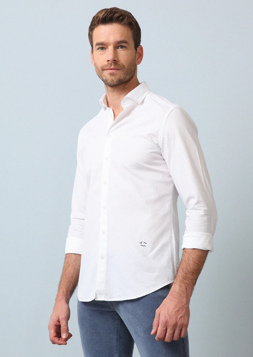 Beyaz Çizgili Slim Fit Dokuma Casual %100 Pamuk Gömlek - 1