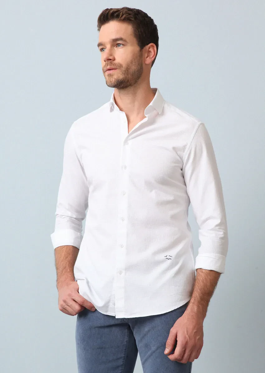 Beyaz Çizgili Slim Fit Dokuma Casual %100 Pamuk Gömlek - 3