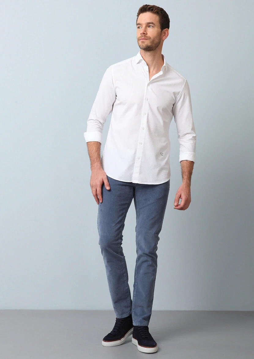 Beyaz Çizgili Slim Fit Dokuma Casual %100 Pamuk Gömlek - 4