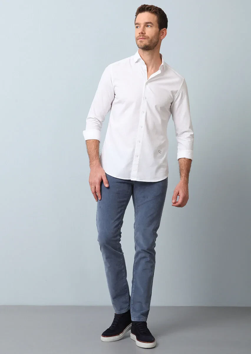 Beyaz Çizgili Slim Fit Dokuma Casual %100 Pamuk Gömlek - 4