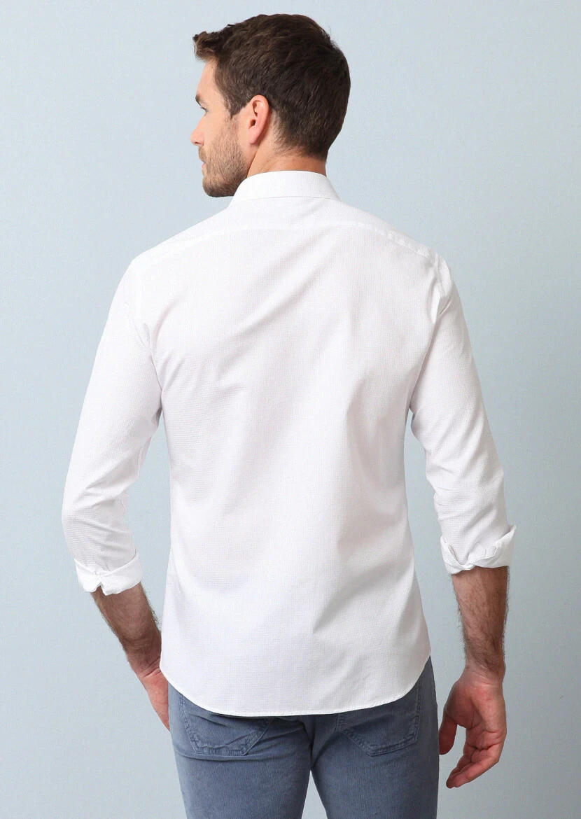Beyaz Çizgili Slim Fit Dokuma Casual %100 Pamuk Gömlek - 5
