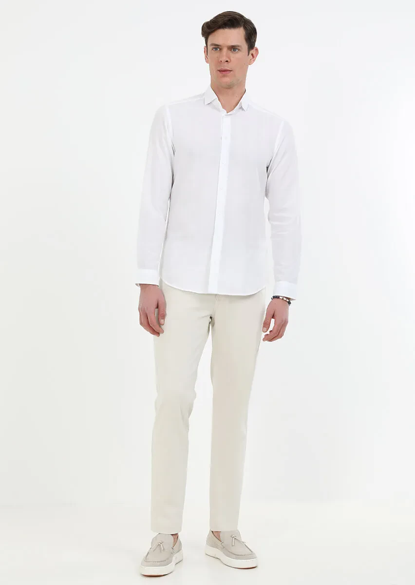 Beyaz Çizgili Slim Fit Dokuma Casual %100 Pamuk Gömlek - 2