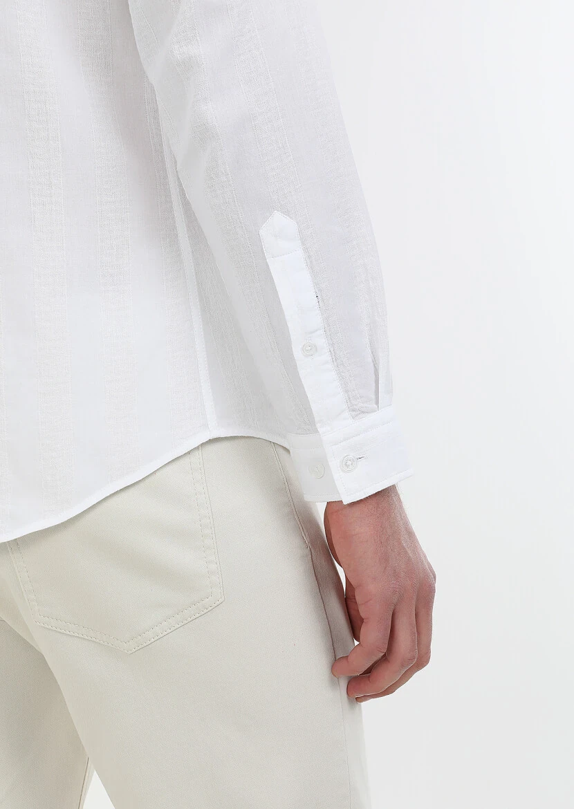 Beyaz Çizgili Slim Fit Dokuma Casual %100 Pamuk Gömlek - 5