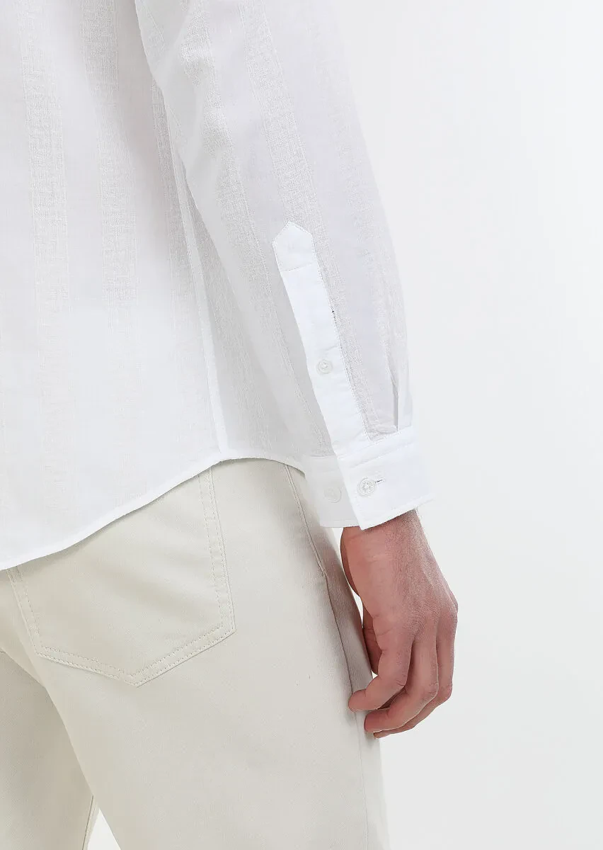 Beyaz Çizgili Slim Fit Dokuma Casual %100 Pamuk Gömlek - 5