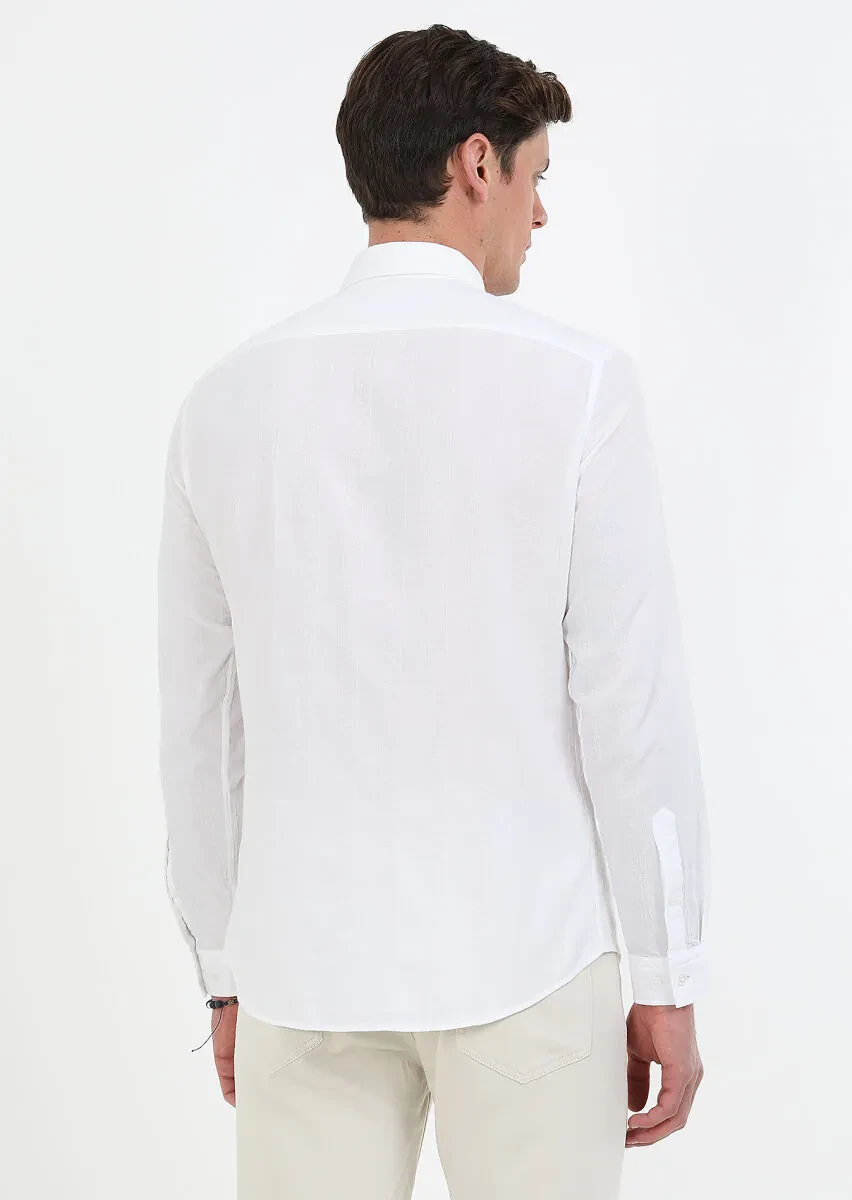 Beyaz Çizgili Slim Fit Dokuma Casual %100 Pamuk Gömlek - 6
