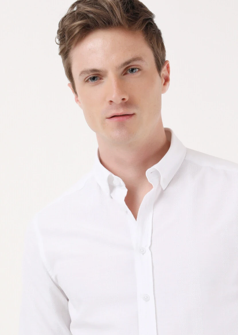 Beyaz Çizgili Slim Fit Dokuma Casual %100 Pamuk Gömlek - 1