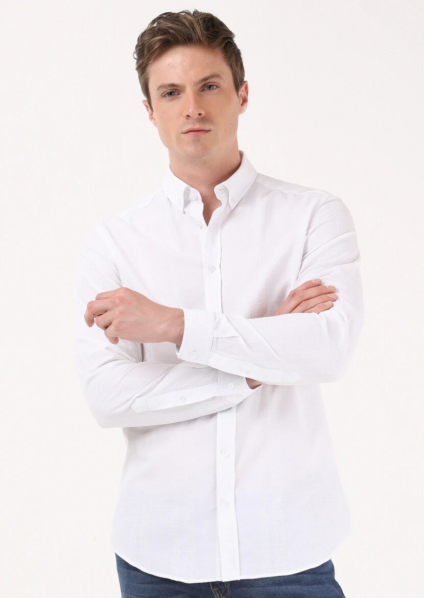 Beyaz Çizgili Slim Fit Dokuma Casual %100 Pamuk Gömlek - 2