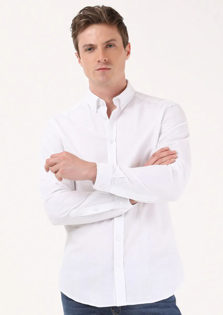 Beyaz Çizgili Slim Fit Dokuma Casual %100 Pamuk Gömlek - 2