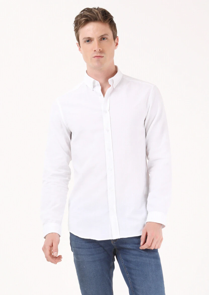 Beyaz Çizgili Slim Fit Dokuma Casual %100 Pamuk Gömlek - 3