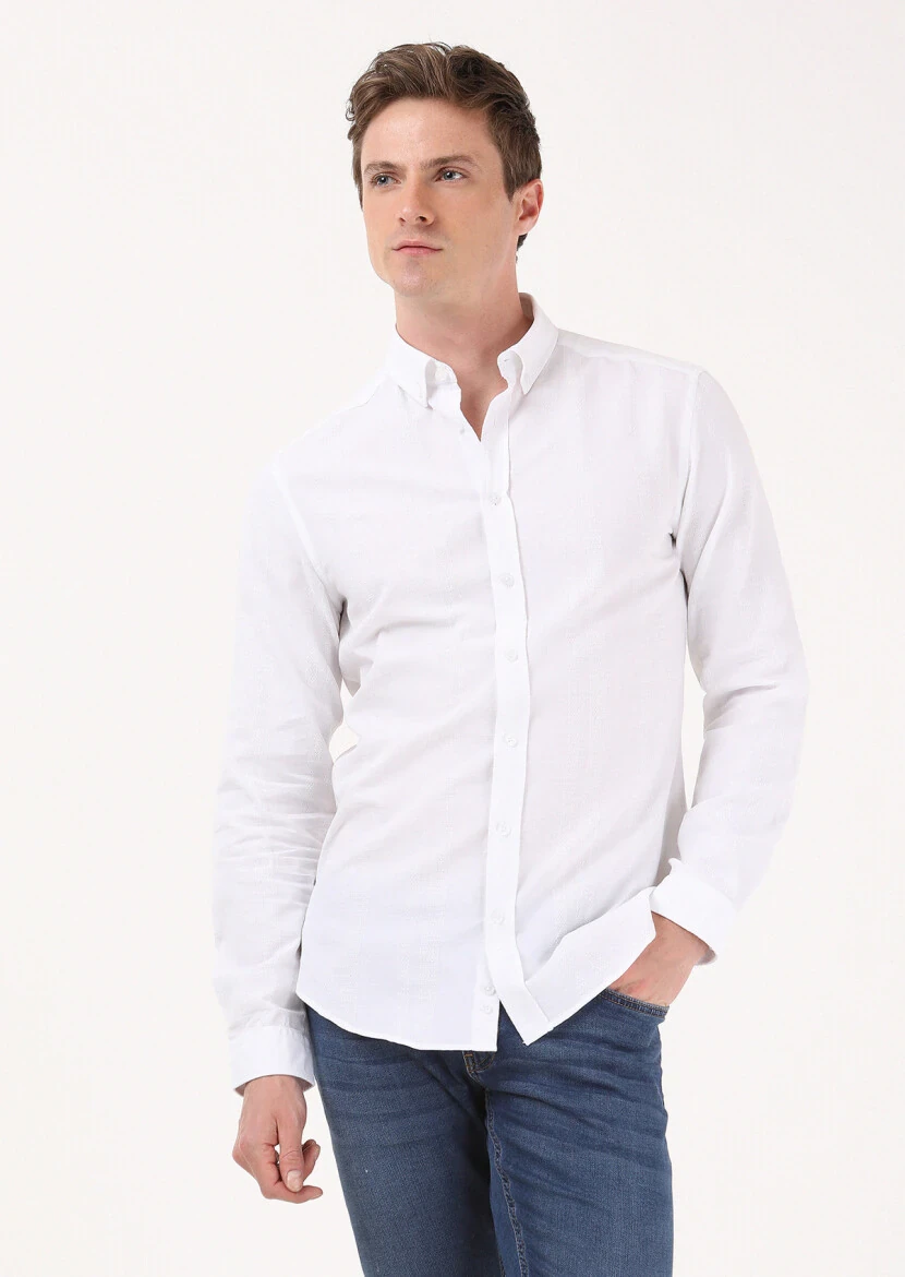 Beyaz Çizgili Slim Fit Dokuma Casual %100 Pamuk Gömlek - 4