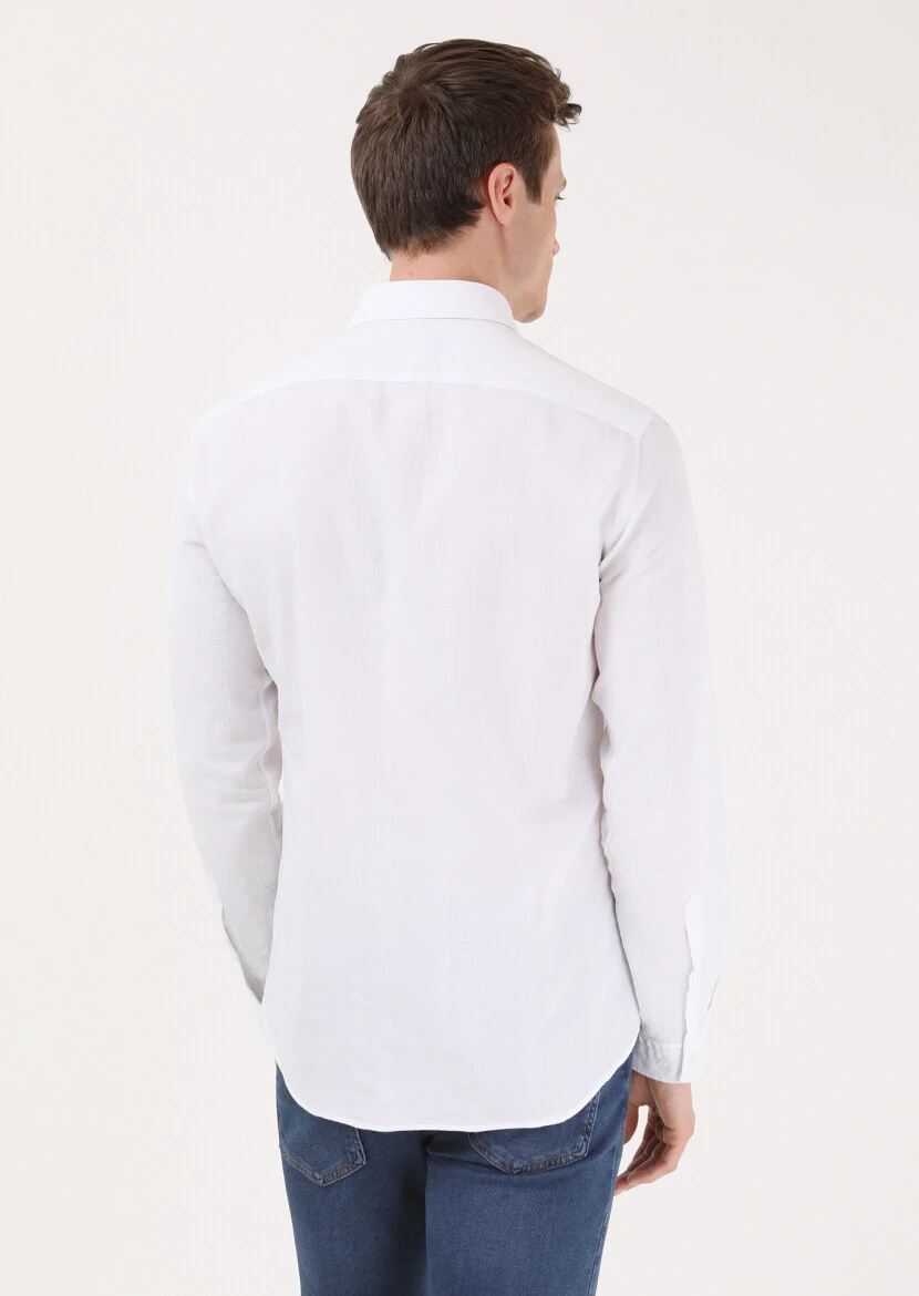 Beyaz Çizgili Slim Fit Dokuma Casual %100 Pamuk Gömlek - 5