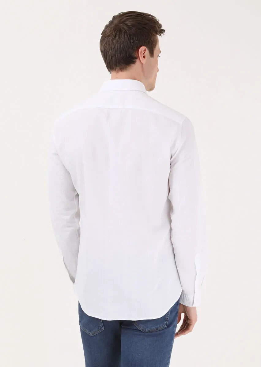 Beyaz Çizgili Slim Fit Dokuma Casual %100 Pamuk Gömlek - 5