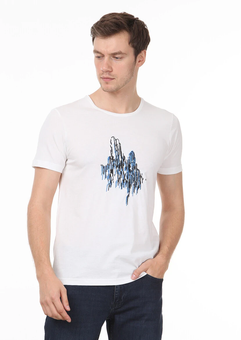 Beyaz Desenli %100 Pamuk T-Shirt - 1