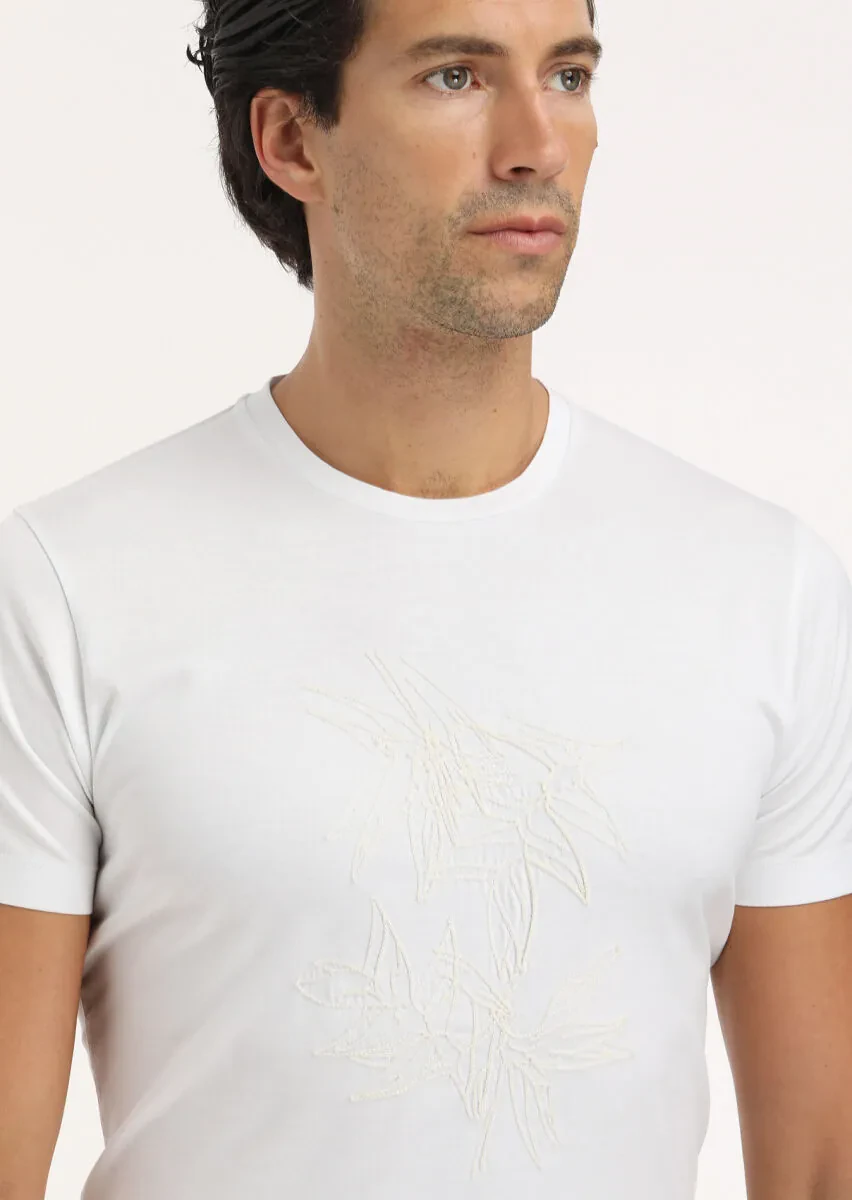 Beyaz Desenli Bisiklet Yaka %100 Pamuk T-Shirt - 4