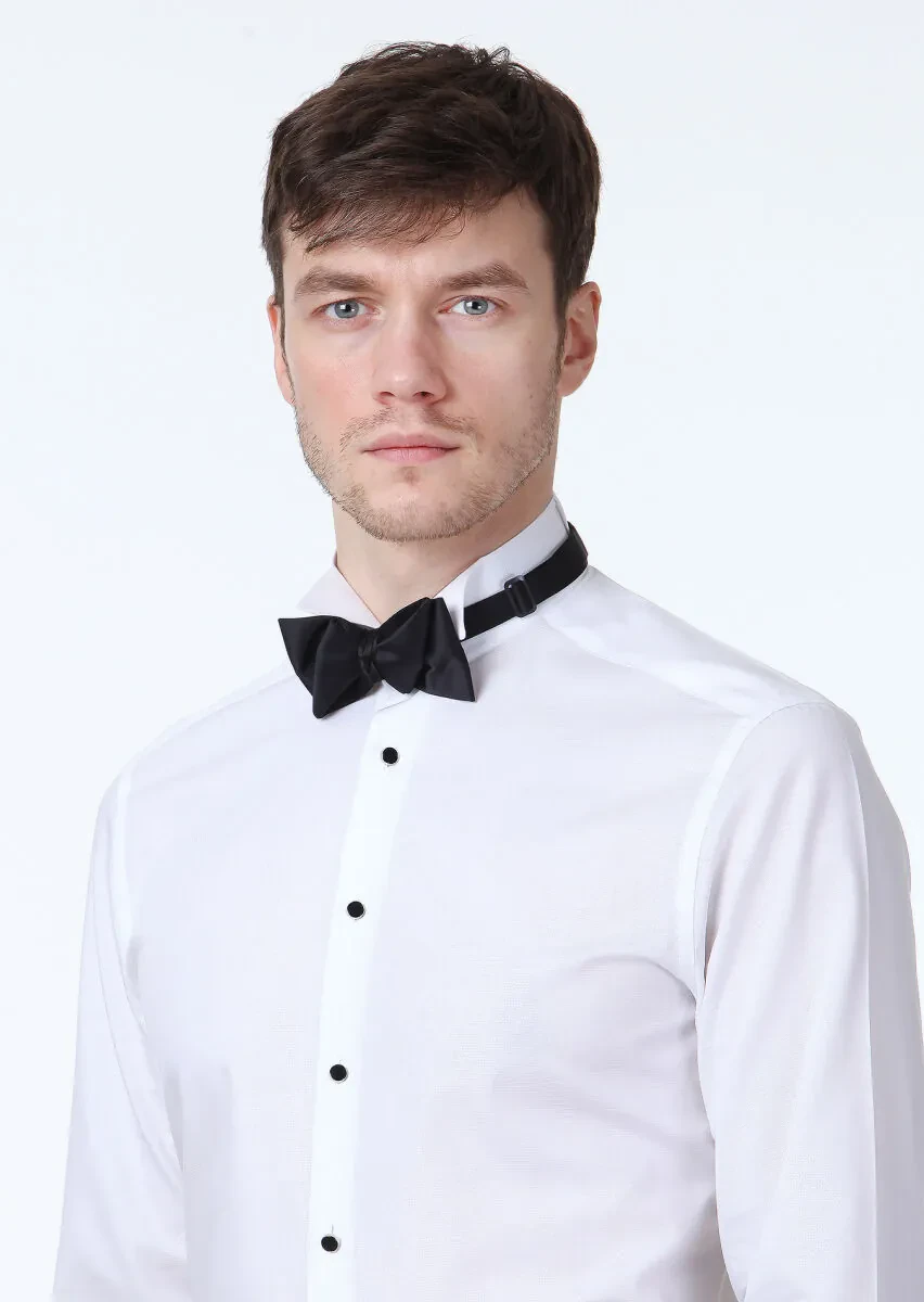 Beyaz Desenli Fitted Fit Duble Manşet Ata Yaka Smokin Gömlek - 3