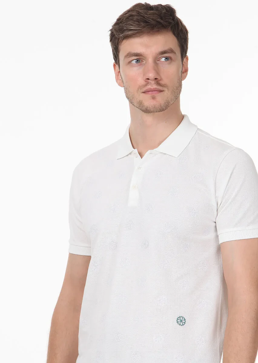 Beyaz Desenli Polo Yaka %100 Pamuk T-Shirt - 2