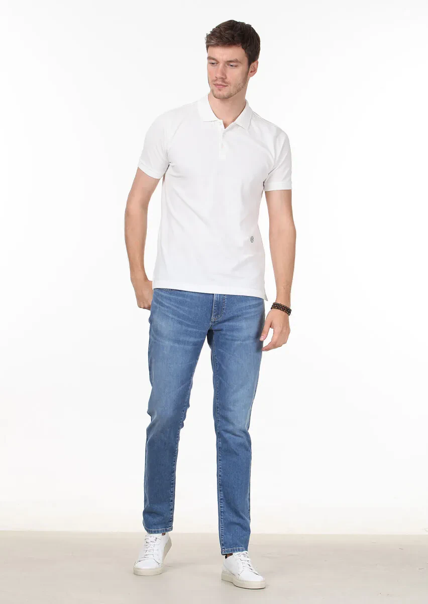 Beyaz Desenli Polo Yaka %100 Pamuk T-Shirt - 3