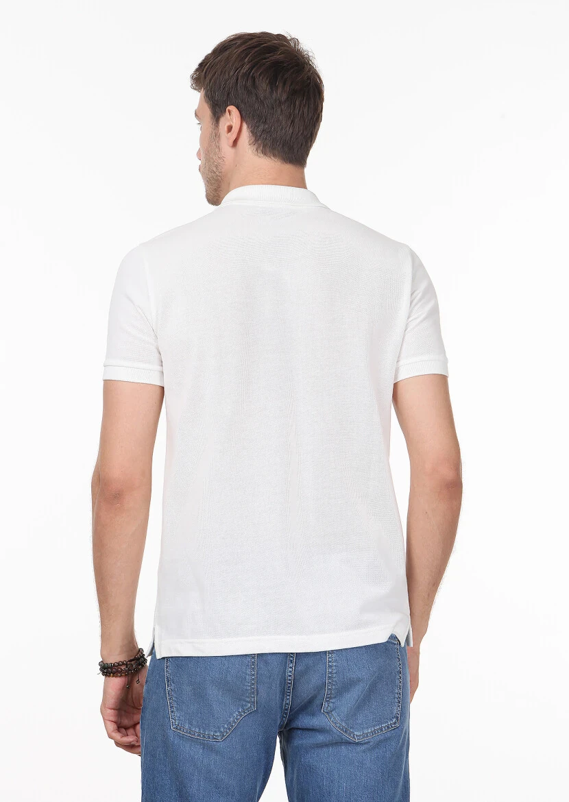 Beyaz Desenli Polo Yaka %100 Pamuk T-Shirt - 4