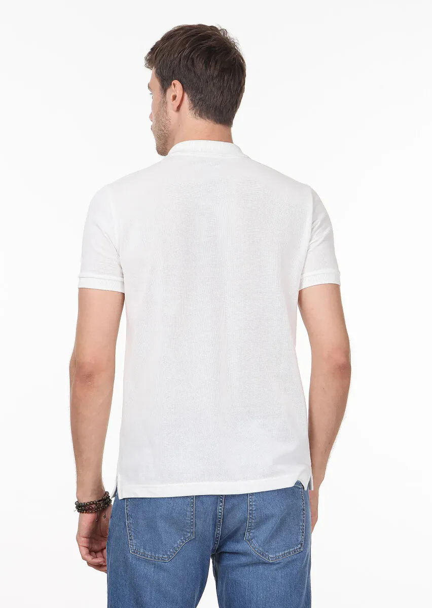 Beyaz Desenli Polo Yaka %100 Pamuk T-Shirt - 4