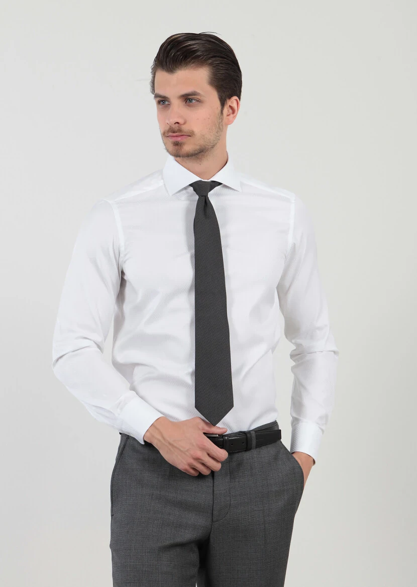 Beyaz Desenli Regular Fit Dokuma Klasik %100 Pamuk Gömlek - 4