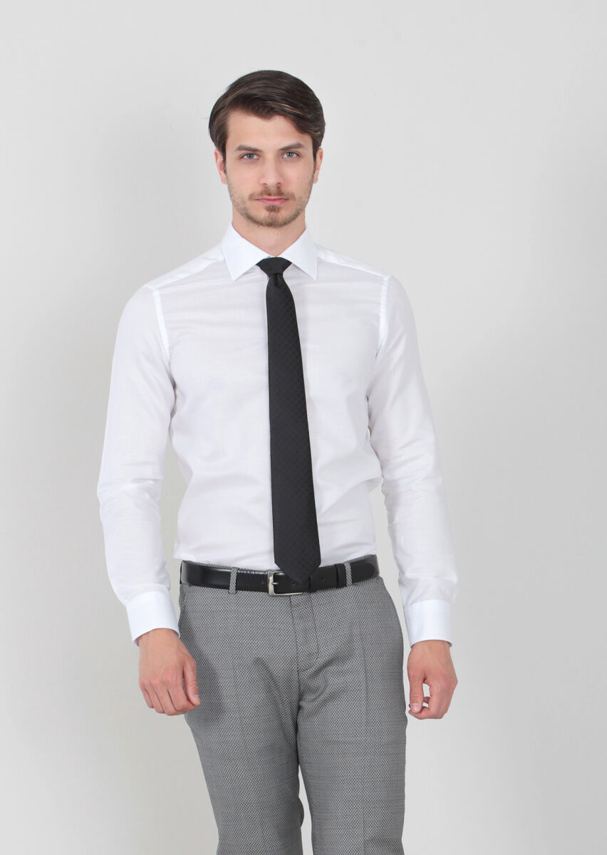 Beyaz Desenli Regular Fit Dokuma Klasik %100 Pamuk Gömlek - 1