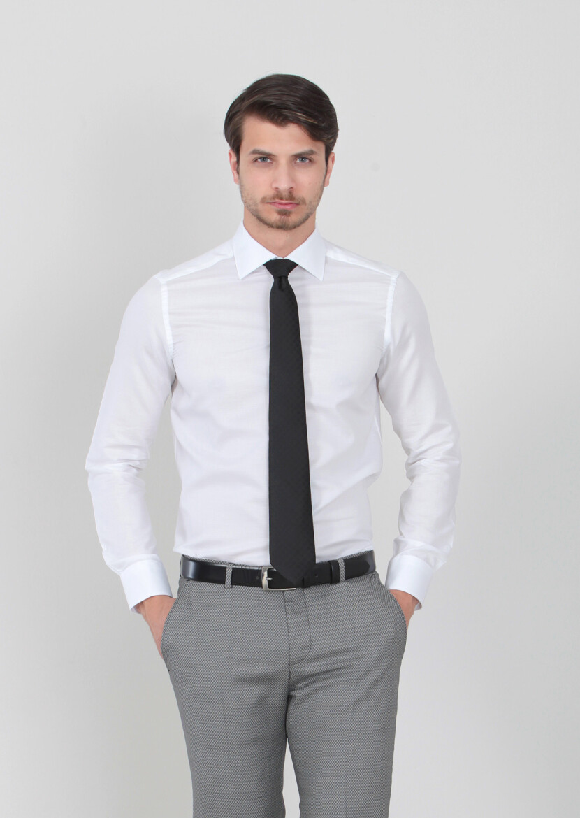 Beyaz Desenli Regular Fit Dokuma Klasik %100 Pamuk Gömlek - 2