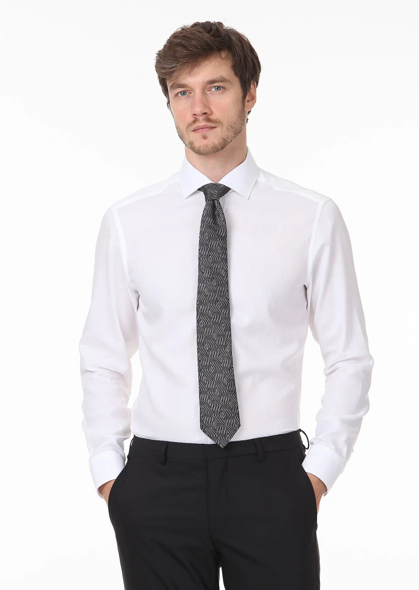 Beyaz Desenli Regular Fit Dokuma Klasik %100 Pamuk Gömlek - 1