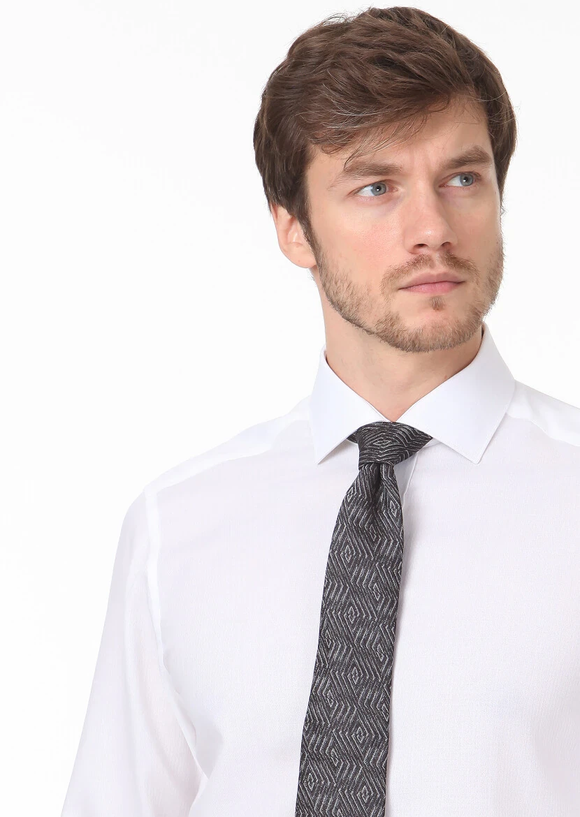 Beyaz Desenli Regular Fit Dokuma Klasik %100 Pamuk Gömlek - 2