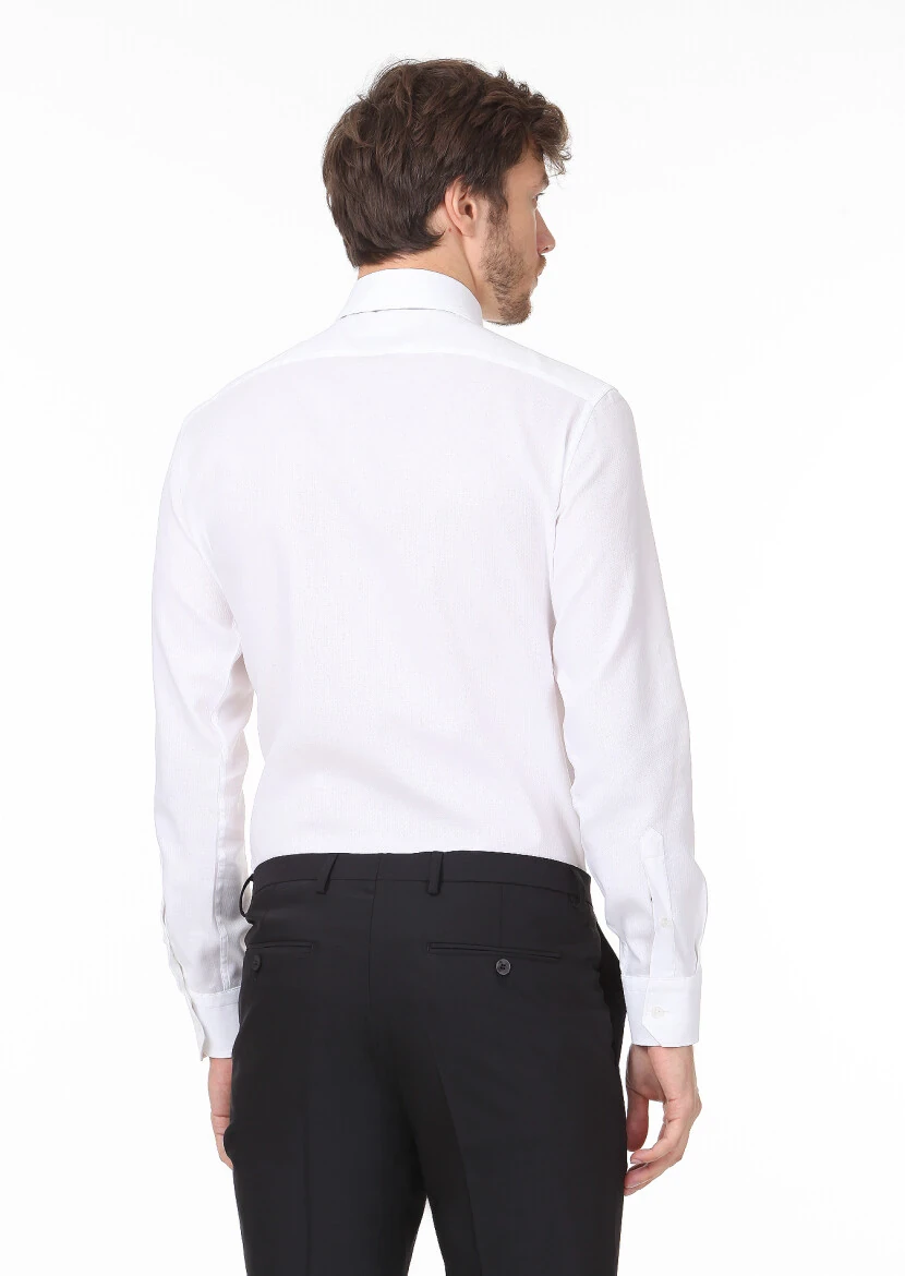 Beyaz Desenli Regular Fit Dokuma Klasik %100 Pamuk Gömlek - 4