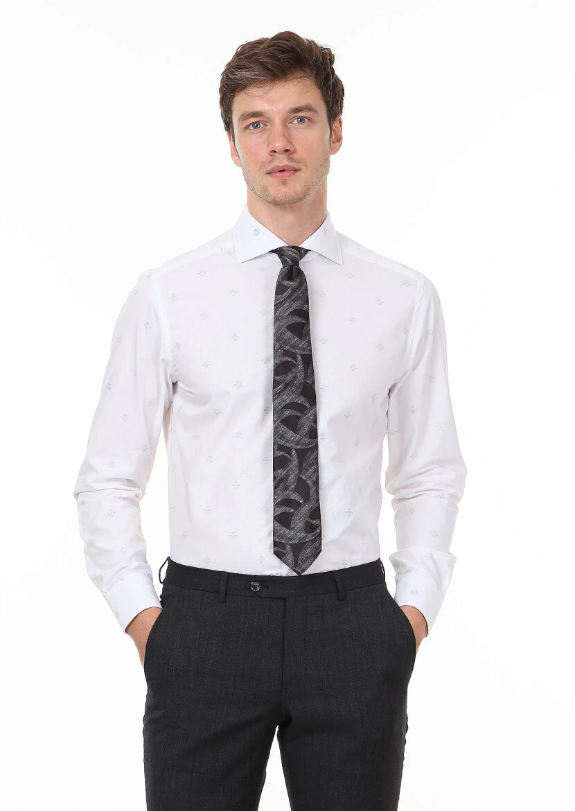 Beyaz Desenli Regular Fit Dokuma Klasik %100 Pamuk Gömlek - 1