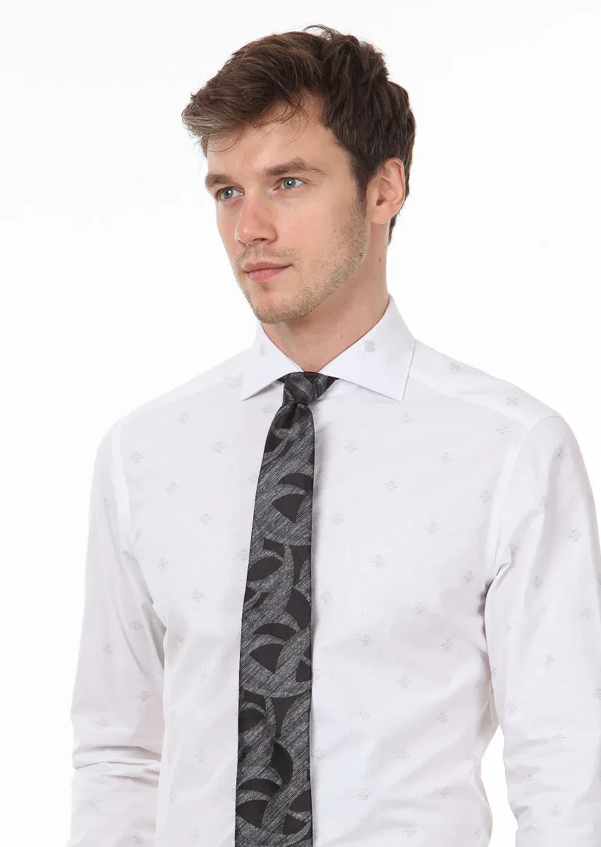 Beyaz Desenli Regular Fit Dokuma Klasik %100 Pamuk Gömlek - 2