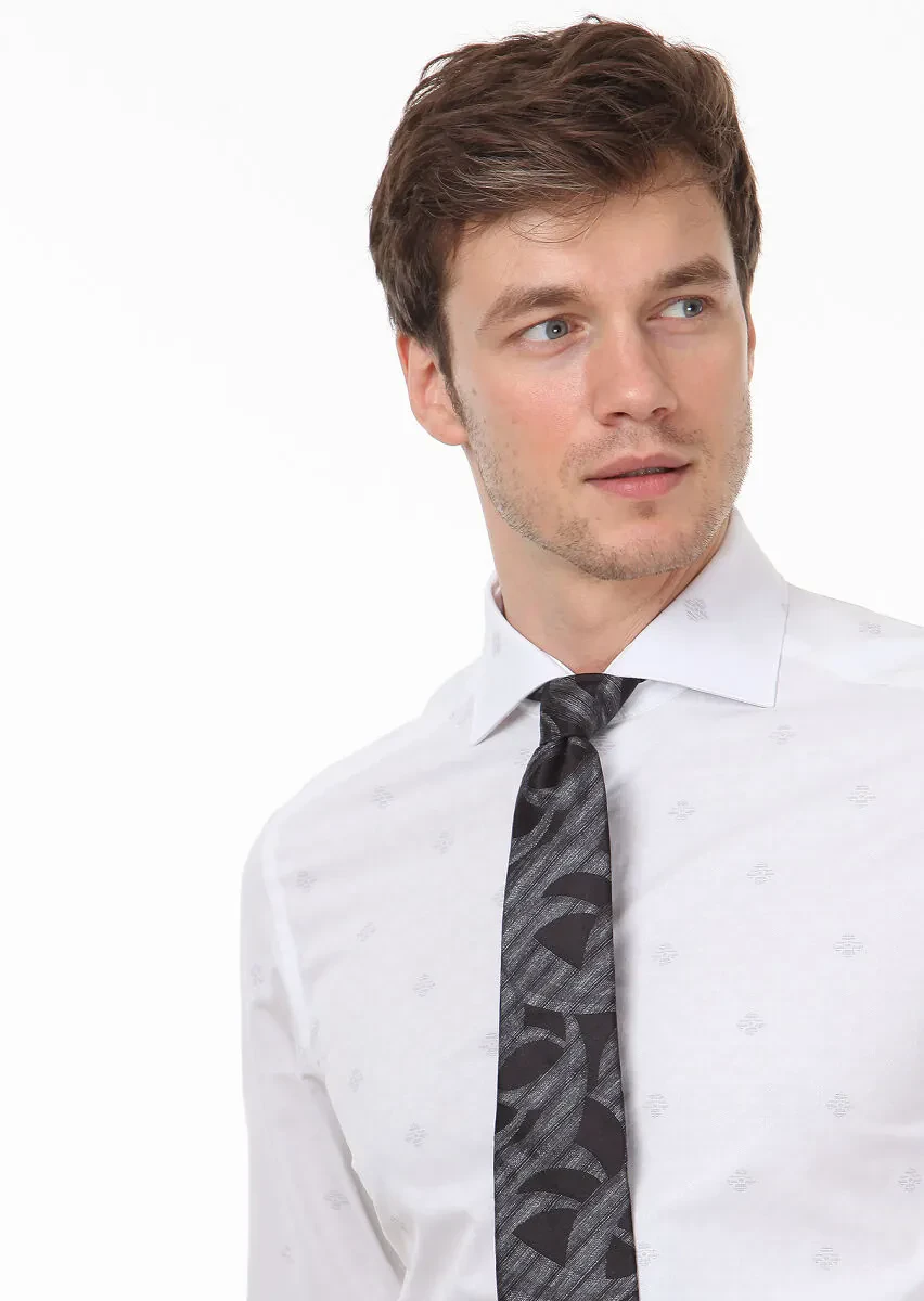 Beyaz Desenli Regular Fit Dokuma Klasik %100 Pamuk Gömlek - 3