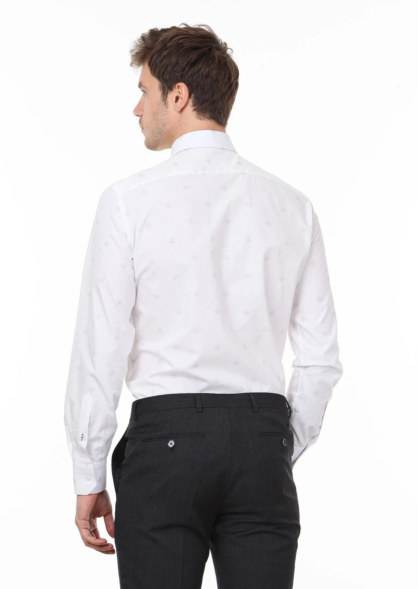 Beyaz Desenli Regular Fit Dokuma Klasik %100 Pamuk Gömlek - 4