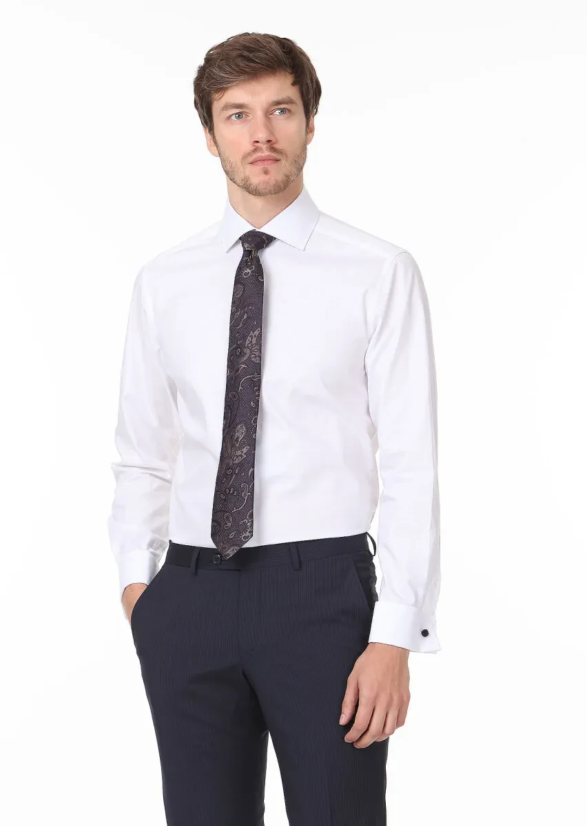 Beyaz Desenli Regular Fit Dokuma Klasik %100 Pamuk Gömlek - 1