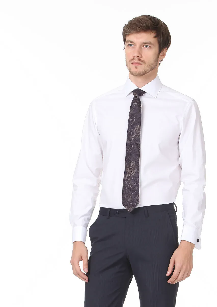 Beyaz Desenli Regular Fit Dokuma Klasik %100 Pamuk Gömlek - 3