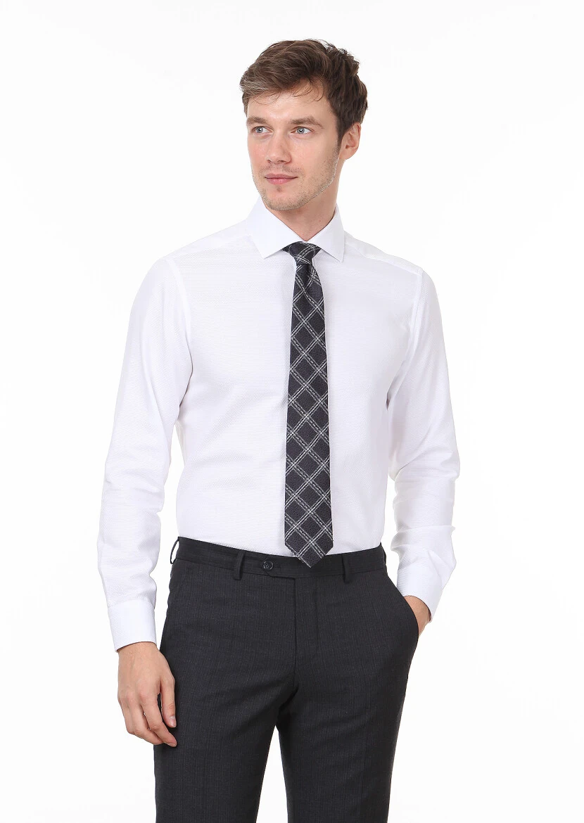 Beyaz Desenli Regular Fit Dokuma Klasik %100 Pamuk Gömlek - 1