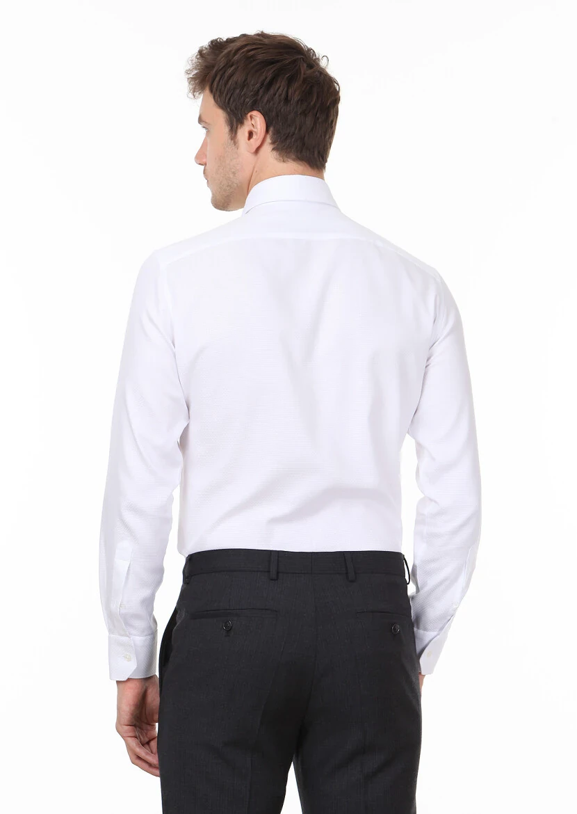 Beyaz Desenli Regular Fit Dokuma Klasik %100 Pamuk Gömlek - 4