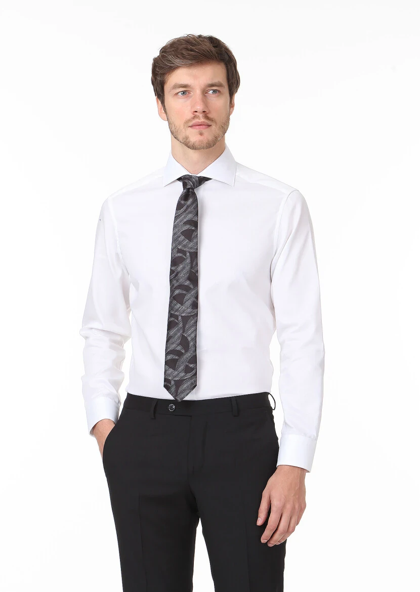 Beyaz Desenli Regular Fit Dokuma Klasik %100 Pamuk Gömlek - 1