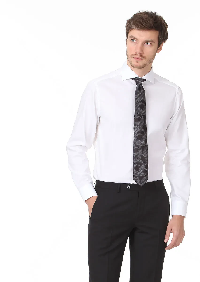 Beyaz Desenli Regular Fit Dokuma Klasik %100 Pamuk Gömlek - 3