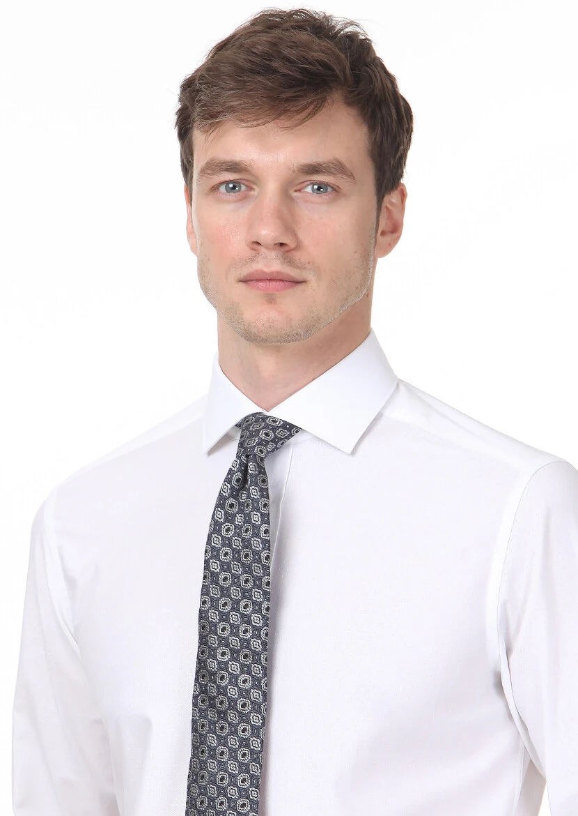 Beyaz Desenli Regular Fit Dokuma Klasik %100 Pamuk Gömlek - 2