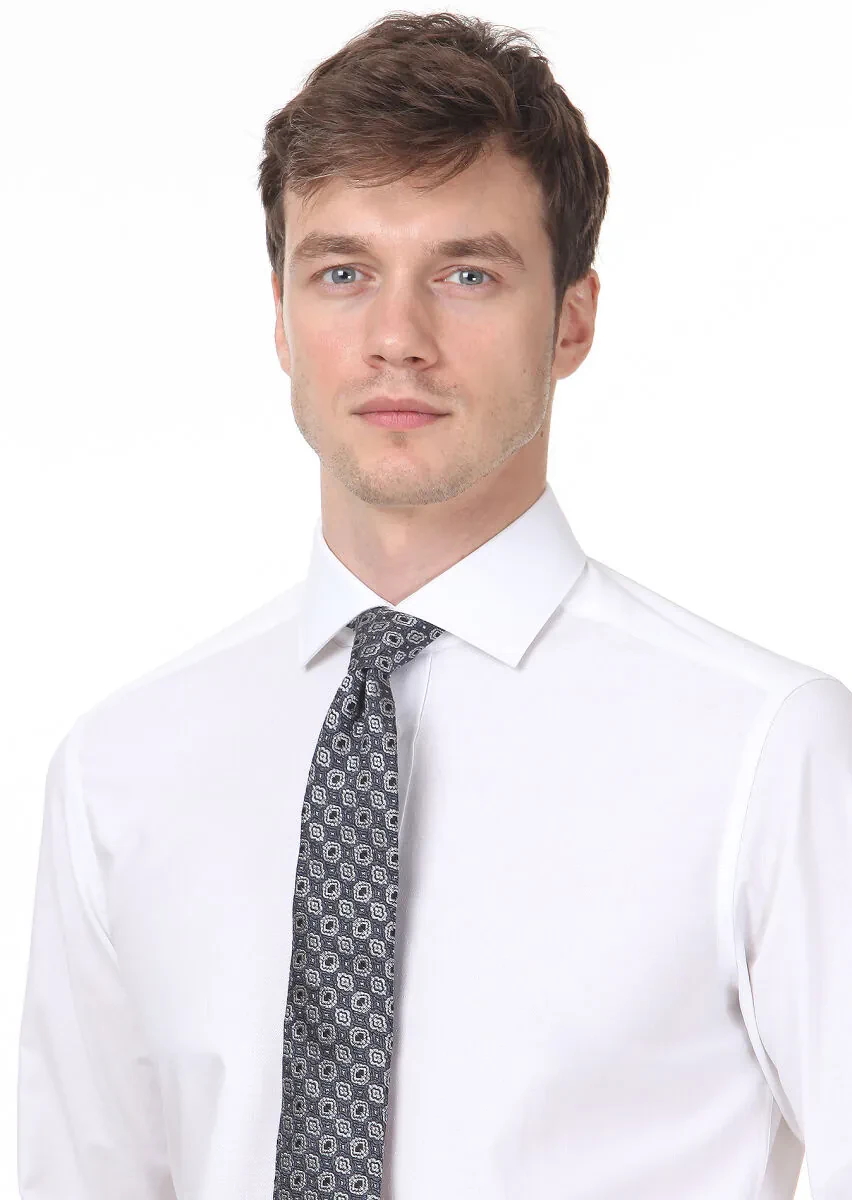 Beyaz Desenli Regular Fit Dokuma Klasik %100 Pamuk Gömlek - 2