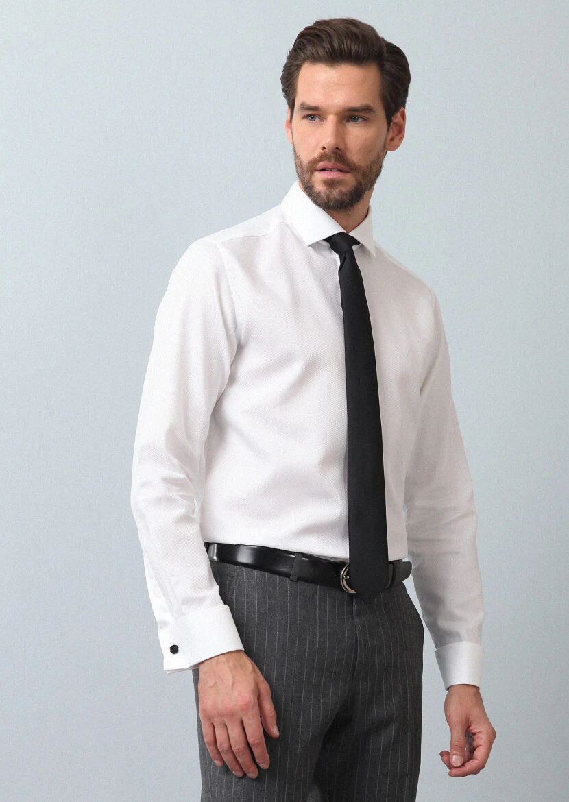 Beyaz Desenli Regular Fit Dokuma Klasik %100 Pamuk Gömlek - 1