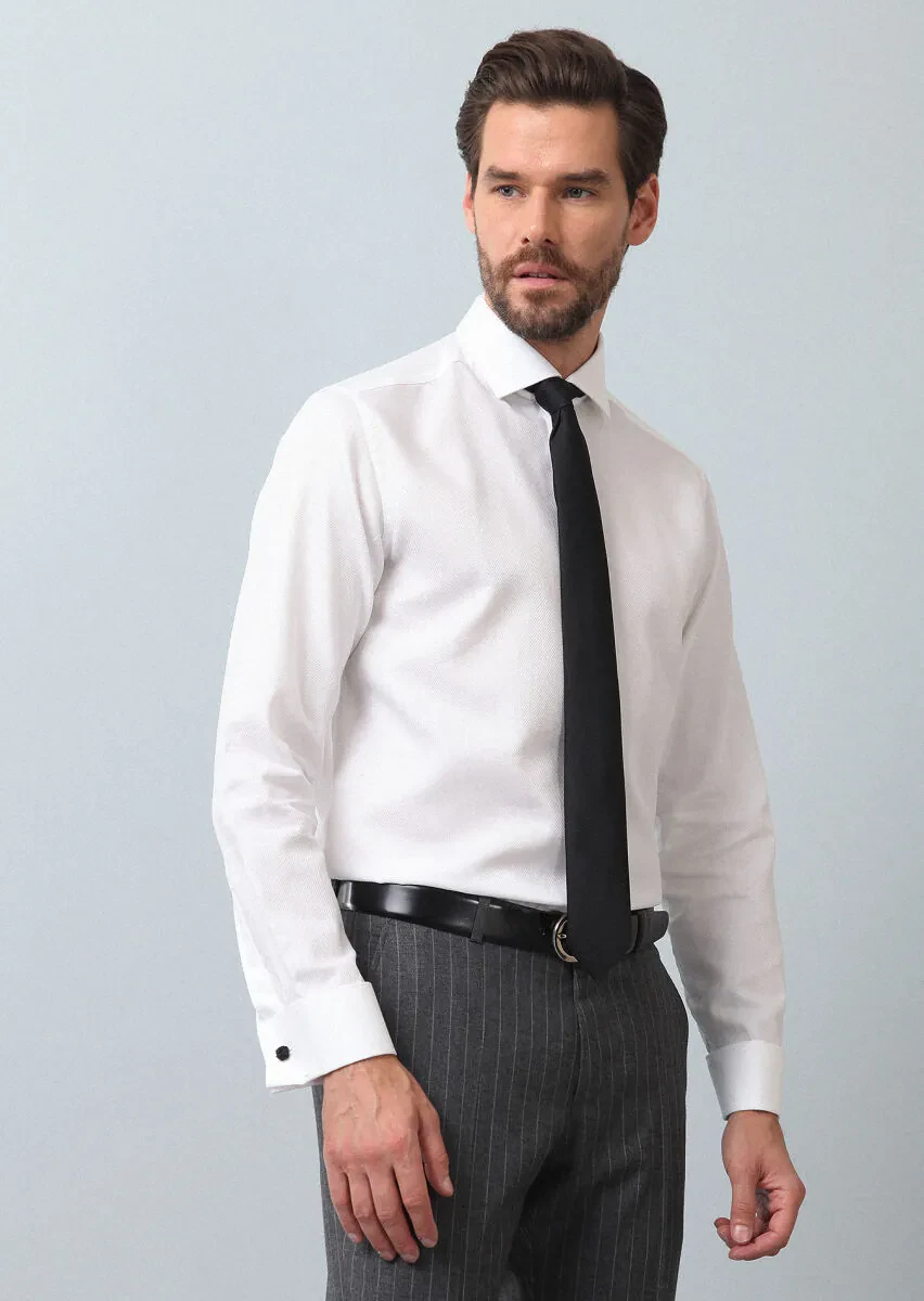 Beyaz Desenli Regular Fit Dokuma Klasik %100 Pamuk Gömlek - 1