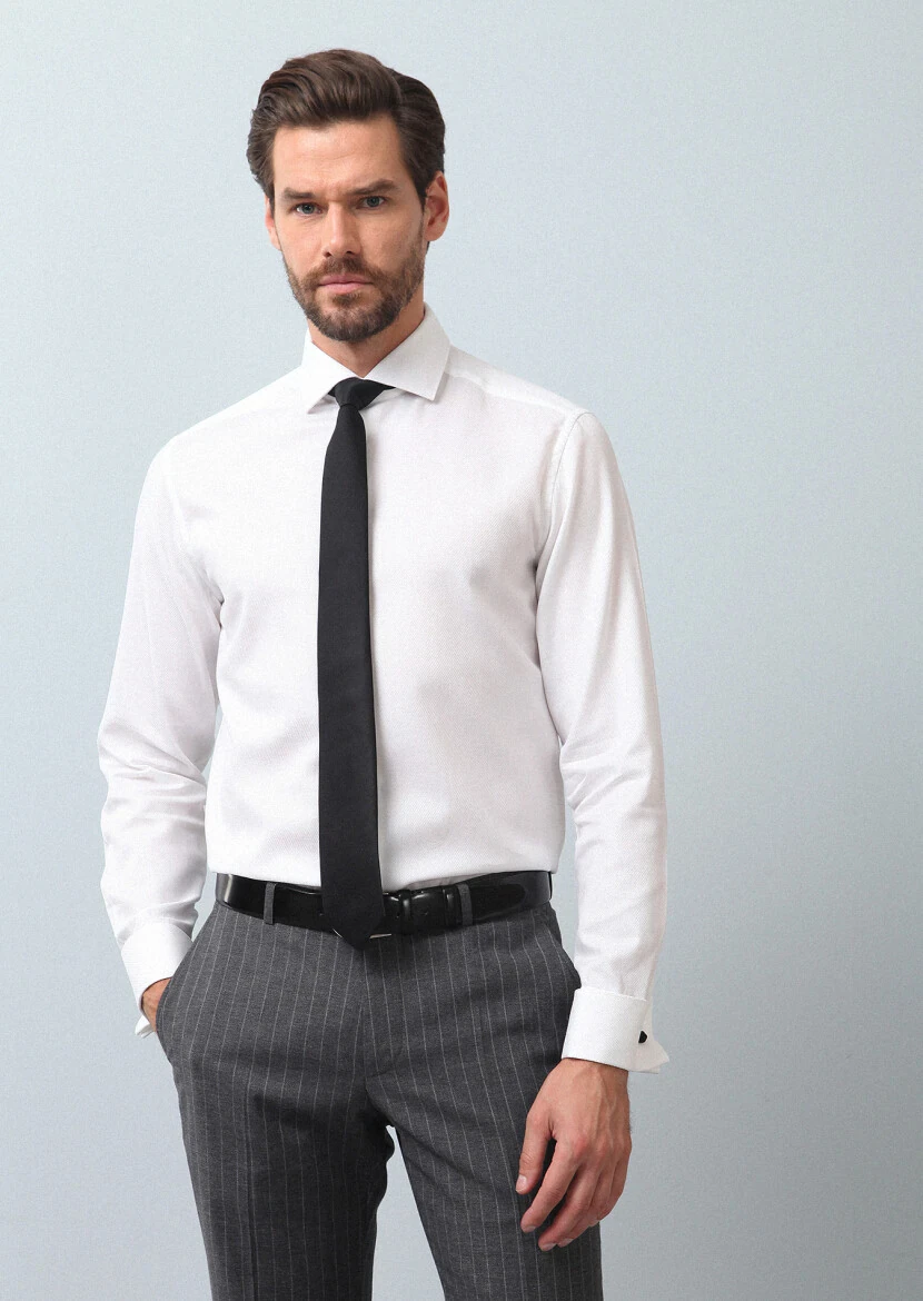 Beyaz Desenli Regular Fit Dokuma Klasik %100 Pamuk Gömlek - 2