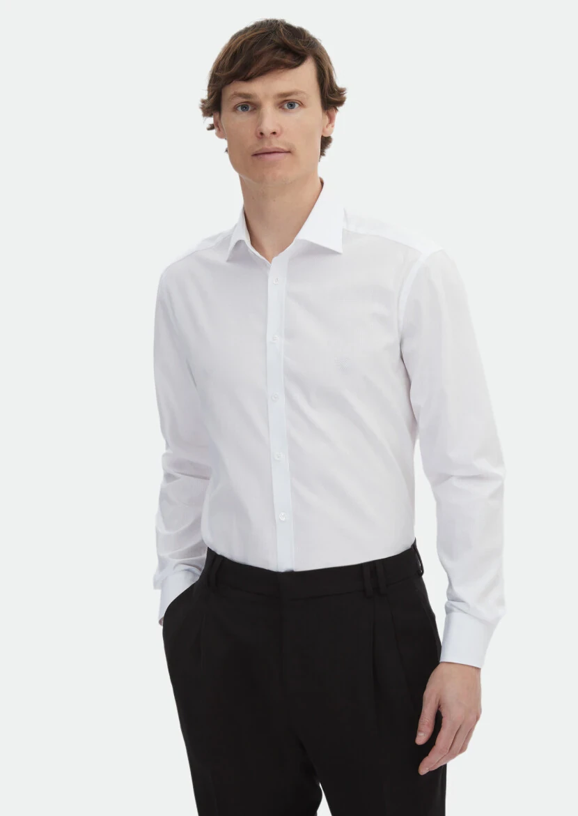 Beyaz Desenli Regular Fit Dokuma Klasik %100 Pamuk Gömlek - RAMSEY