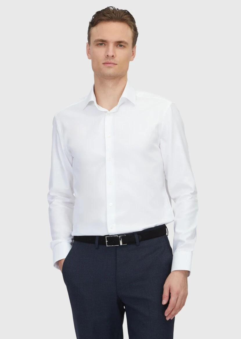 Beyaz Desenli Regular Fit Dokuma Klasik %100 Pamuk Gömlek - RAMSEY