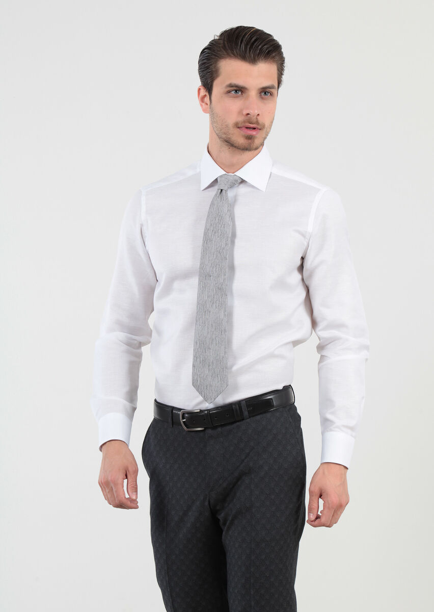 Beyaz Desenli Regular Fit Dokuma Klasik Pamuk Karışımlı Gömlek - 3